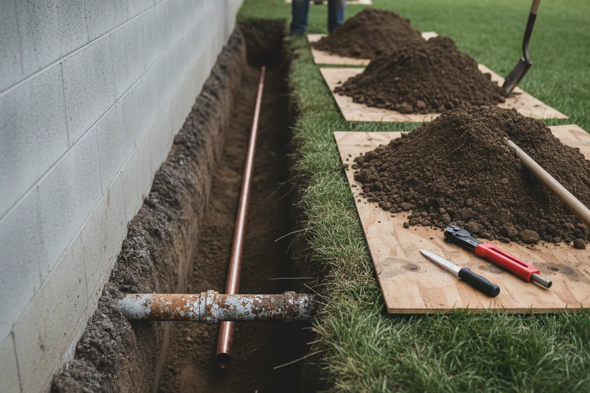 Excavated water line trench during Sewer Line Repair in Maugansville